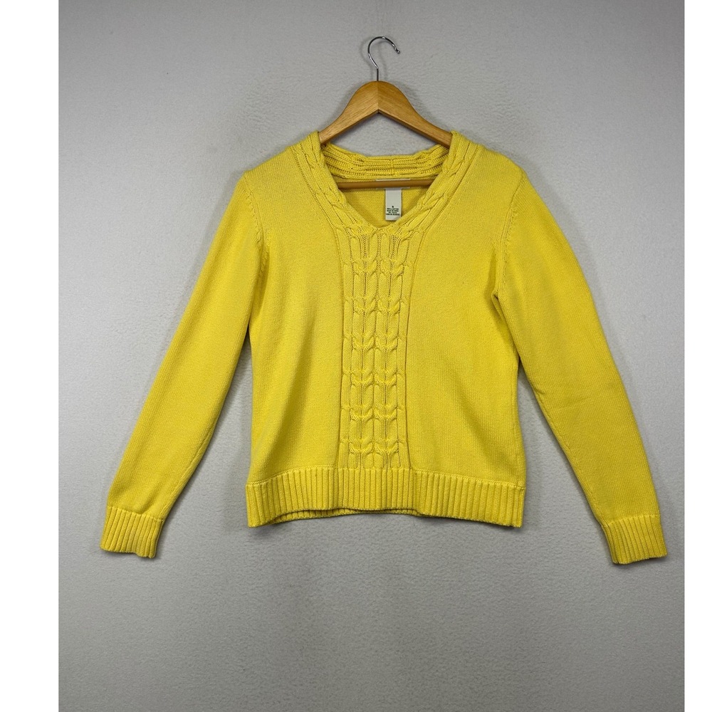 Preppy Coastal Orvis Womens Small Yellow V-Neck Cable Knit Cotton Sweater 6751